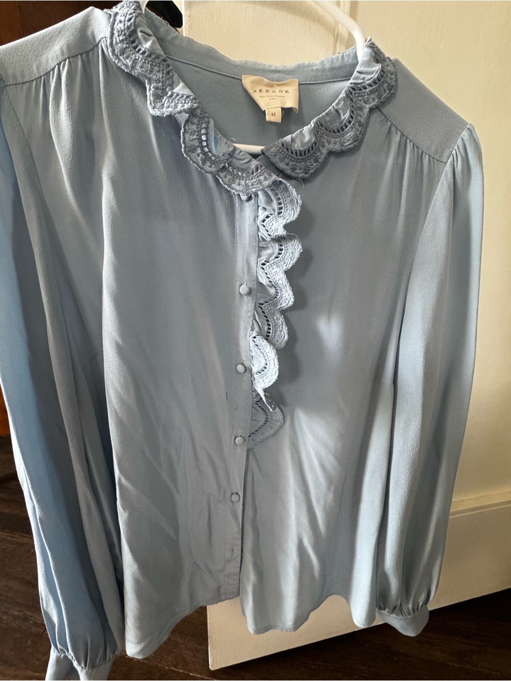 Sezane Powder Blue Lace-Trim Button Blouse